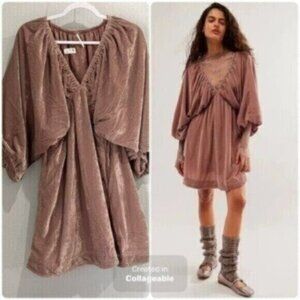 New Free People Velvet Neutral Dress Feminine Puff Sleeve V Neck